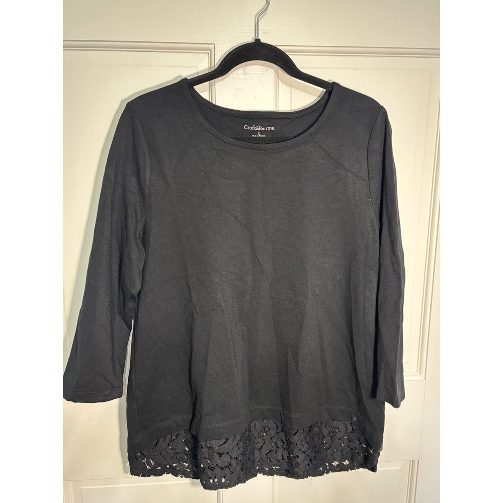 Croft &‎ Barrow Womens Black Lace Trim Hem 3/4 Sleeve Knit Top Size L RN 73277